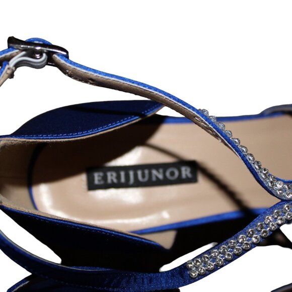 ERIJUNOR Comfort Low Heel Closed-Toe Ankle Strap Blue Satin Rhinestones 8, NIB - Picture 8 of 14